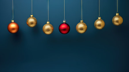 Christmas balls hanging in line on blue background. Winter holiday card with baubles. Generated AI.の素材