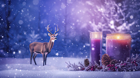 Christmas candle on the snow with deer toy and snowfall. Generated AI.の素材