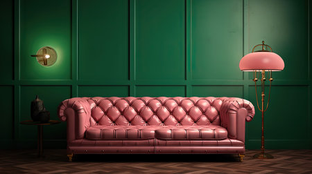 Interior with sofa in green and pink colors. Stylish contrasting colorful room with couch. Generated AI.の素材
