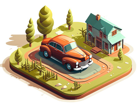 Isometric retro car travelling with elements of environment. Generated AI.の素材