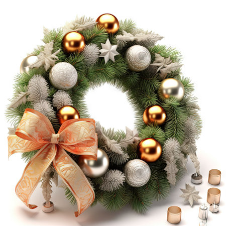 Christmas wreath with shiny baubles anr ribbon. Ornate wreath for winter holidays. Generated AIの素材