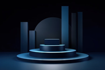 Dark blue pedestal in black room with geometric shapes. Podium for product showcase. Generated AIの素材