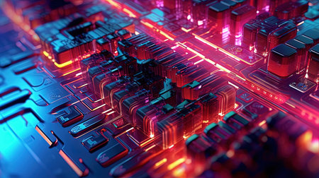 Motherboard with chips and connections in purple and blue neon lights. Technology background with microchips on hardware circuitboard. Generated AIの素材