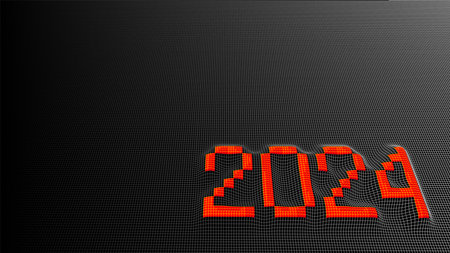 2024 New Year sign with technology grid in retro computer style. Synthwave or cyberpunk styled...