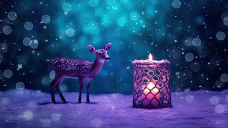 Christmas candle on the snow with deer toy and snowfall. Generated AIの素材