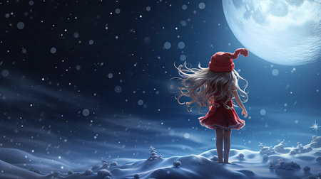 Girl waiting for Santa Claus and Christmas miracles on the snowy street. Generated AIの素材