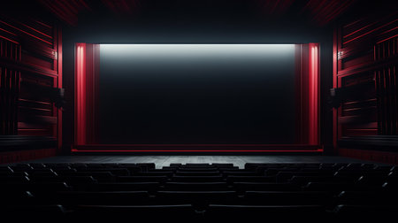 Cinema interior with seats and white screen. Movie theater room with chairs. Generated AIの素材
