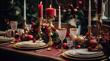 Christmas dinner table setting in winter holidays room. Generated AIの素材