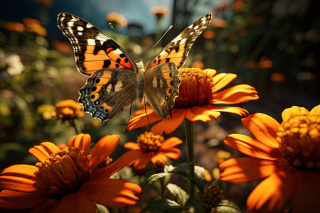 Butterfly on the colorful flowers and plants. Calm nature scene with dreamy colors. Generated AIの素材