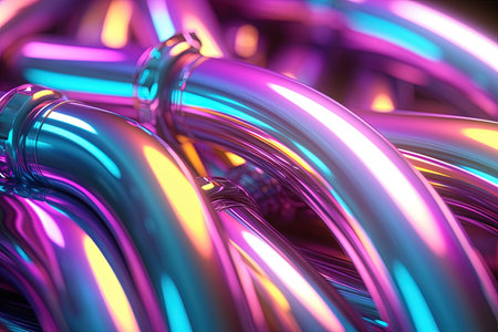 Abstract chrome pipes composition. Industry themed background with shiny metallic connected pipes. Generated AIの素材