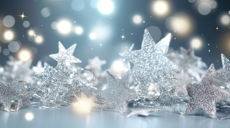 Abstract shiny background with silver glitter. Scattered confetti sparkles with light blue pastel color. Generated AIの素材