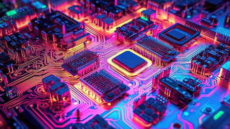 Motherboard with chips and connections in purple and blue neon lights. Technology background with microchips on hardware circuitboard. Generated AIの素材