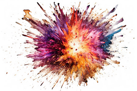 Abstract colorful powder explosion. Paint or cosmetics burst on white background. Generated AIの素材