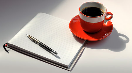 Cup of coffee and notepad with pen composition, top view. Generated AIの素材