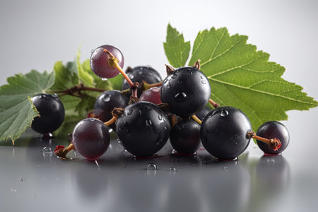 Black currant on background. Juicy black berries, fresh and sweet. Generated AIの素材
