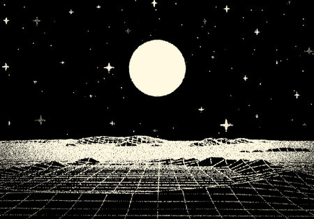 Retro dotwork landscape with 80s styled sun, grid mountains and stars background from old sci-fi book or poster.のイラスト素材