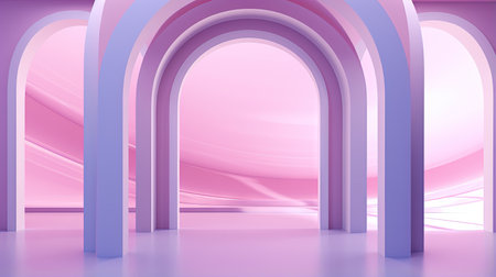 Abstract pink room with arch. Surreal architectural abstraction in pastel colors. Generated AIの素材