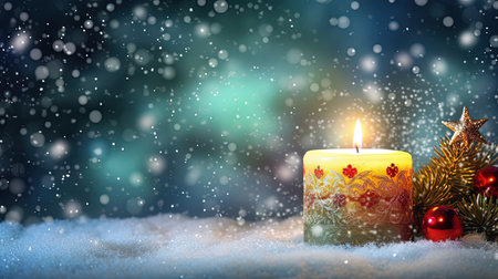 Christmas card with snow and candles. Winter holidays ornament and candles on the Xmas scene. Generated AIの素材