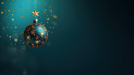 Beautiful Christmas bauble hanging on the background with snow sparkles. Xmas wither holiday card with glass ball. Generated AIの素材