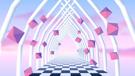Vaporwave corridor of pillars with flying 3D donut shapes and sun in 90s style. Abstract surreal retro background for party poster or music cover.のイラスト素材
