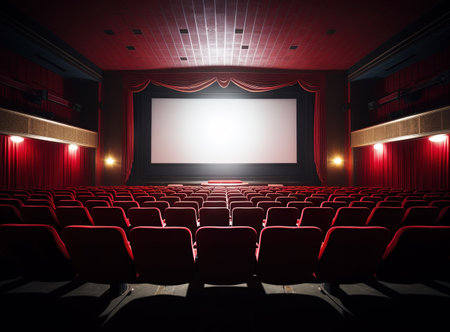 Cinema interior with seats and white screen. Movie theater room with chairs. Generated AIの素材