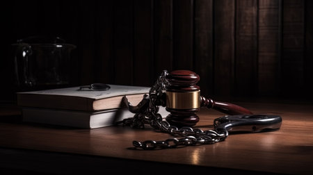 Judge hammer in the court room. Wooden gavel as a symbol of justice. Generated AIの素材