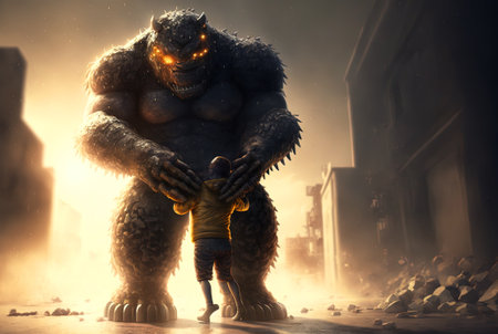 Monster hugging the child. Cute scene with mother monster love. Generated AIの素材