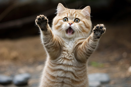 Funny surprised cat with a questioning pose. A cute kitten asks in surprise where the treats are. Generated AIの素材