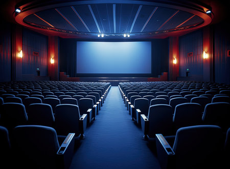 Cinema interior with seats and white screen. Movie theater room with chairs. Generated AI.の素材