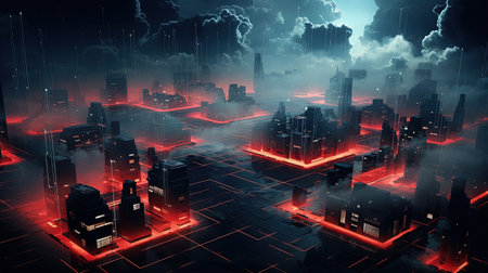 Concept of a digital city with cloud connections. Futuristic network in the clouds. Generated AI.の素材