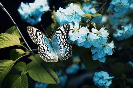 Butterfly on the colorful flowers and plants. Calm nature scene with dreamy colors. Generated AIの素材