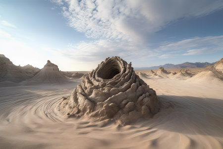 Surreal rock vortex formation. Fictional coiled stones in the desert mountains. Generated AIの素材