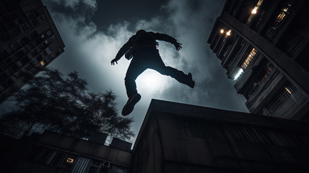 Young man jumps from the roof. Parkour or base jumping trick of an action stuntman. Generated AIの素材