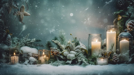 Christmas card with snow and candles. Winter holidays ornament and candles on the Xmas scene. Generated AIの素材