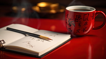 Cup of coffee and notepad with pen composition, top view. Generated AIの素材
