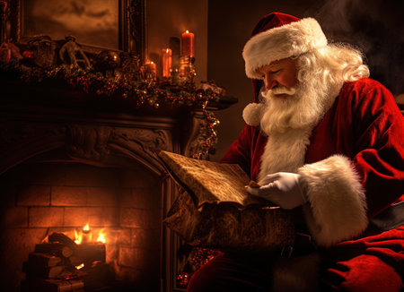 Santa Claus giving a Christmas gift. Xmas winter holiday scene with magic gifts and Santa. Generated AIの素材