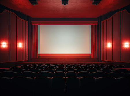 Cinema interior with seats and white screen. Movie theater room with chairs. Generated AIの素材