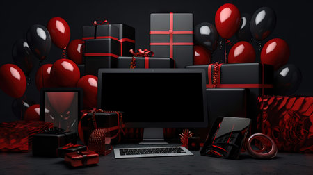 Compostion of gift boxes with ribbons for holiday sale event. Generated AIの素材