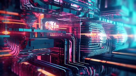 Computer technology abstraction with connected hardware or data servers in neon lights of wires. Generated AIの素材