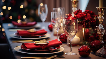 Christmas dinner table setting in winter holidays room. Generated AIの素材