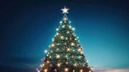 Christmas tree shining with stars, garlands and baubles in the evening snowy backyard. Generated AIの素材