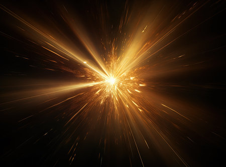 Sun flare with yellow rays and beams on dark background. Generated AIの素材
