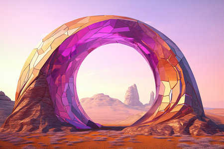 Surreal crystal gate or arc. Fictional architecture or sci-fi object in the desert. Generated AIの素材