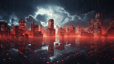 Concept of a digital city with cloud connections. Futuristic network in the clouds. Generated AIの素材