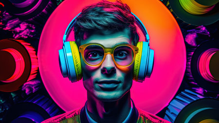 Boy or young man wearing headphones and listening to the exciting music. Juicy color splashes around. Generated AIの素材