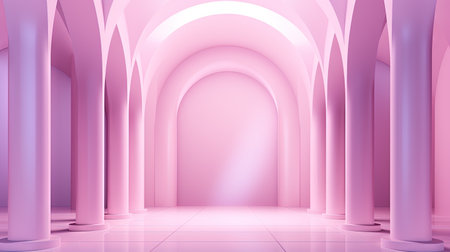 Abstract pink room with arch. Surreal architectural abstraction in pastel colors. Generated AIの素材