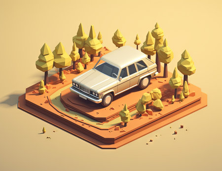 Isometric retro car travelling with elements of environment. Generated AIの素材