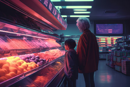 Grandmother and grandson looking cool in 80s styled synthwave store. People in supermarket. Generated AIの素材