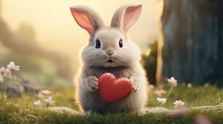 Cute fluffy rabbit hugging red heart. Valentine's Day greetings from romantic bunny holding heart. Generative AIの素材