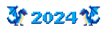 2024 is a year of the Blue Dragon in Chinese lunar calendar. New Year symbol in pixel graphics, retro synthwave style.のイラスト素材